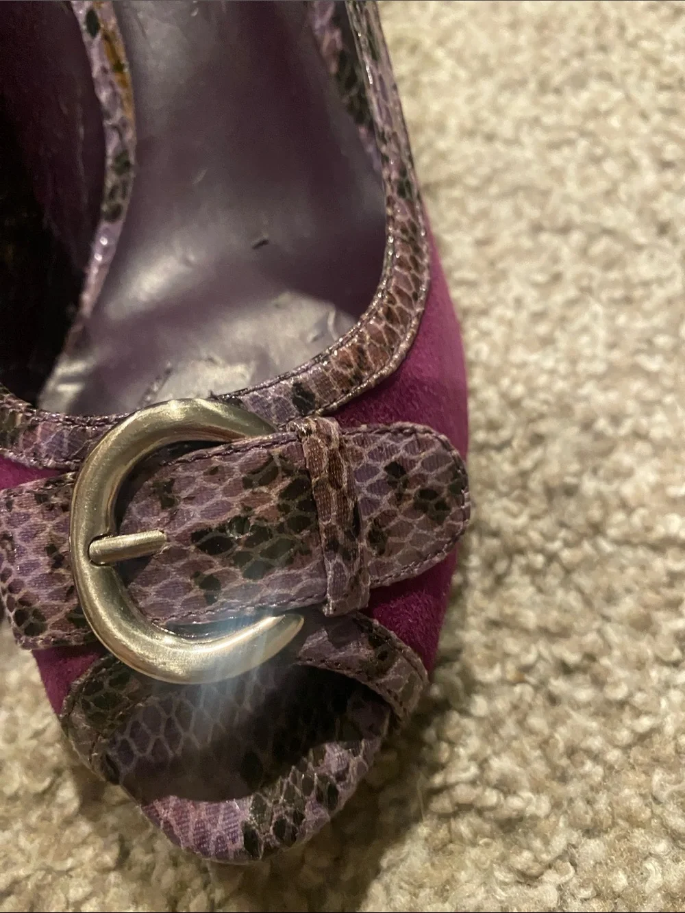 Nine West Purple Suede Peep-Toe Pumps with Snakeskin Accent and Gold Buckle